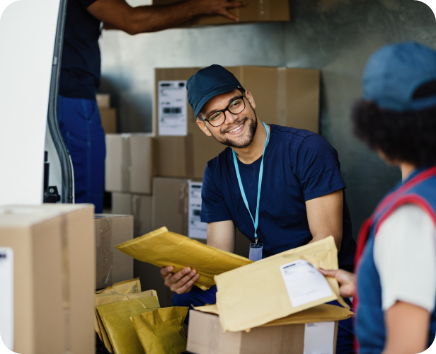 young manual worker talking his female colleague while sorting packages shipment delivery van